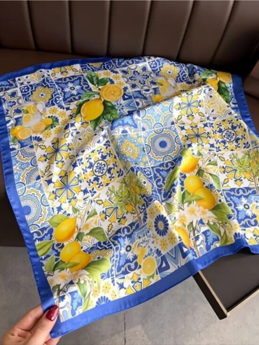 Silk-feel Blue & Yellow Lemon Tile Silk Scarf